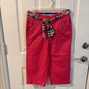 Lands' End women hot pink Casual Capri Pants with Plaid belted Tie crop spring